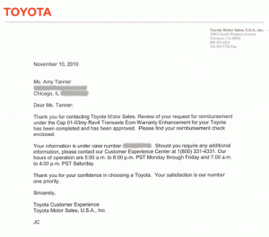 Letter from Toyota