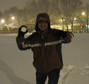 Steve moves in a blur to hit Amy with a snowball