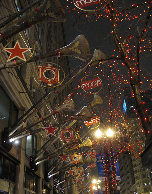 Red lights in the trees on State Street (Last year it was blue)