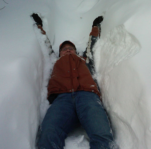 Steve falls between 3-foot snowbanks